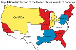  The population density of Canada is incredibly low compared to the United States. This map is a great way to visualize the difference between the two countries. You could fit the entire population of Canada into each area on the U.S. marked "Canada."